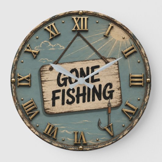 Gone Fishing Funny Fisherman Cabin Gift ラージ壁時計 (正面)
