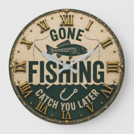 Gone Fishing Funny Fisherman Cabin & Lake House ラージ壁時計