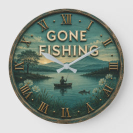 Gone Fishing Rustic Lake Fisherman Cabin Gift ラージ壁時計