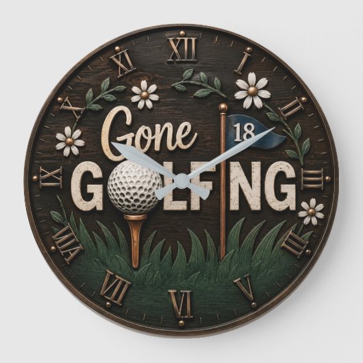 Gone Golfing Rustic Floral Golfer Gift ラージ壁時計 (正面)
