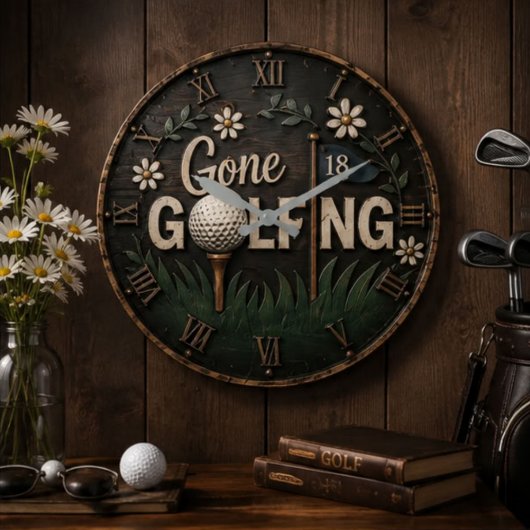 Gone Golfing Rustic Floral Golfer Gift ラージ壁時計