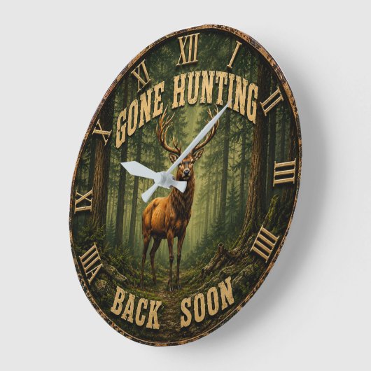 Gone Hunting Back Soon Rustic Hunter Cabin ラージ壁時計 (傾斜)
