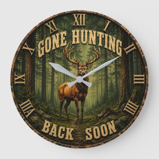 Gone Hunting Back Soon Rustic Hunter Cabin ラージ壁時計 (正面)
