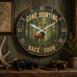 Gone Hunting Back Soon Rustic Hunter Cabin ラージ壁時計