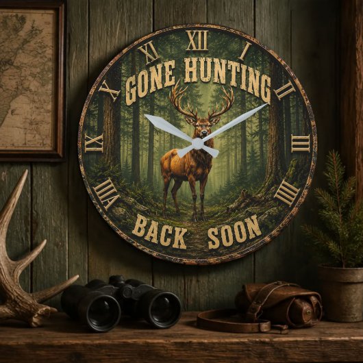 Gone Hunting Back Soon Rustic Hunter Cabin ラージ壁時計