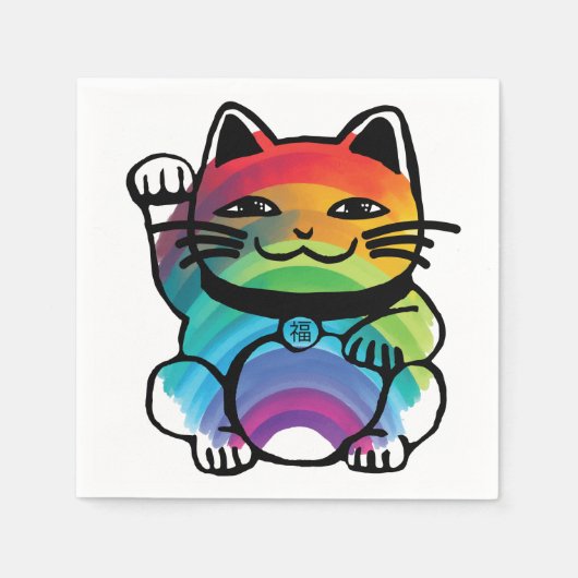 Good 日本の Luck Cat with Rainbow スタンダードカクテルナプキン (正面)