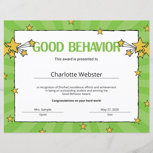 Good Behavior Student Recognition証明書 (正面)
