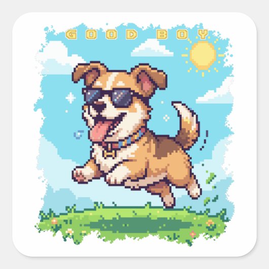 Good Boy Pixel Puppy Retro Gaming Design スクエアシール (正面)