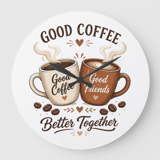 Good Coffee Good Friends mit zwei Kaffeetassen ラージ壁時計 (正面)