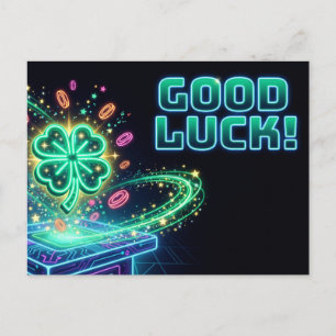"GOOD LUCK!" 四つ葉のクローバーとネオンのゲーム機 ポストカード