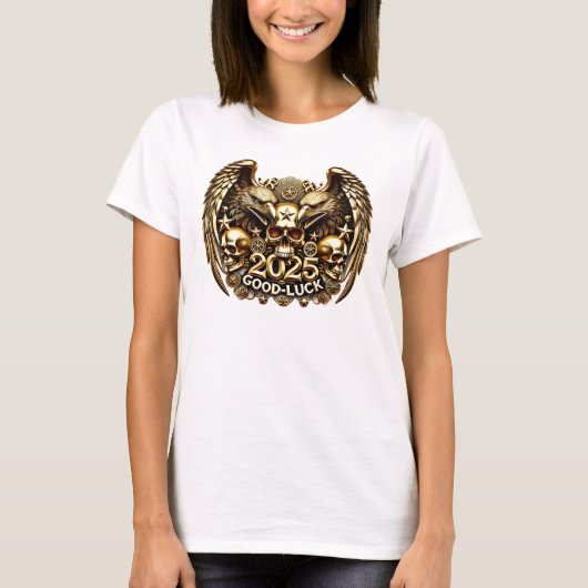 Good Luck 2025 Doppeladler Totenkopf Gold Tシャツ (正面)