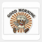 "Good Morning" Coffee Cup Mascot Embroidered Patch スクエアシール (正面)