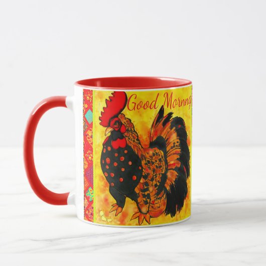  Good Morning Text Rooster Red Orange Drawing  マグカップ (左)