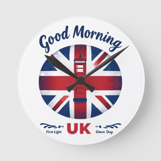 Good Morning UK - Union Jack & London Phone Box ラウンド壁時計 (正面)
