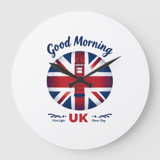 Good Morning UK - Union Jack & London Phone Box ラージ壁時計 (正面)