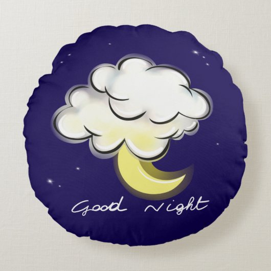 Good Night – Cute Moon and Cloud Kids  ラウンドクッション (正面)