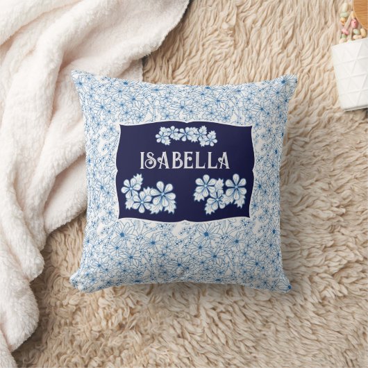 Good Night Name Navy Blue Floral Aesthetic クッション (ブランケット)