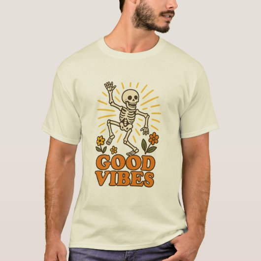 "Good Vibes"スケルトンTシャツ – レトロダンおもしろいス Tシャツ (正面)