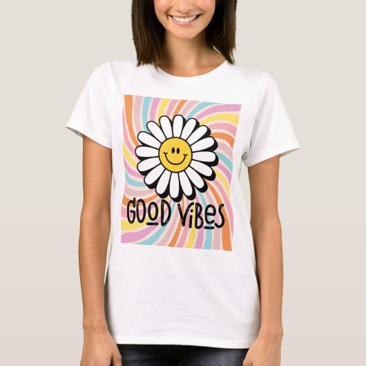 Good Vibes com Flor Sorridente Estampa Psicodélico Tシャツ (正面)