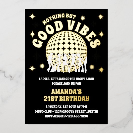 Good Vibes Groovyブラック金ゴールド誕生日パーティー写真 箔招待状 (正面)