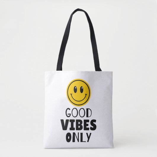 'Good Vibes Only' レトロスマイルフェイス トートバッグ (正面)