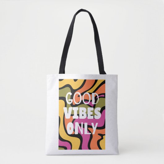 'Good Vibes Only' レトロ波状デザイン トートバッグ (正面)