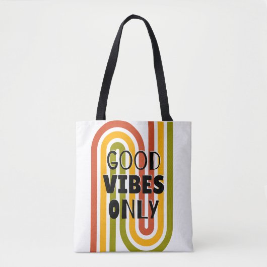 'Good Vibes Only' レトロ・レインボー トートバッグ (正面)