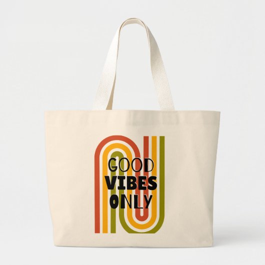 'Good Vibes Only' レトロ・レインボー ラージトートバッグ (正面)