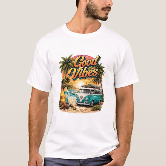 Good Vibes Retro Beach Van T-Shirt | Summer Surf  Tシャツ (正面)