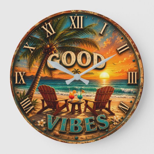 Good Vibes Tropical Beach ラージ壁時計 (正面)