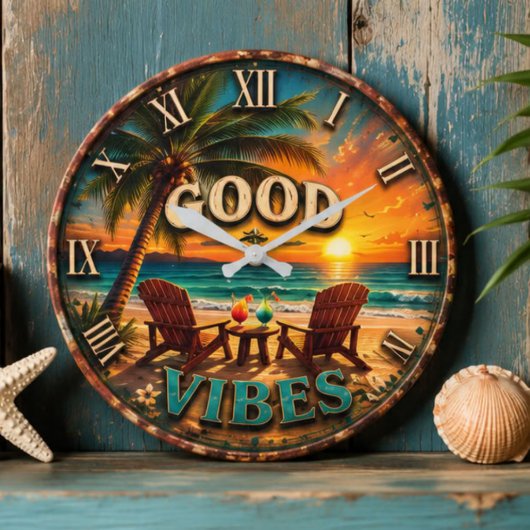 Good Vibes Tropical Beach ラージ壁時計