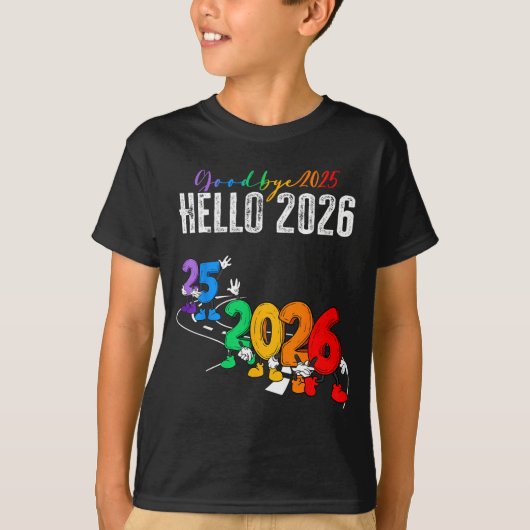 Goodbye 2025 Hello 2026 Funny Cartoon New Year Boy Tシャツ (正面)