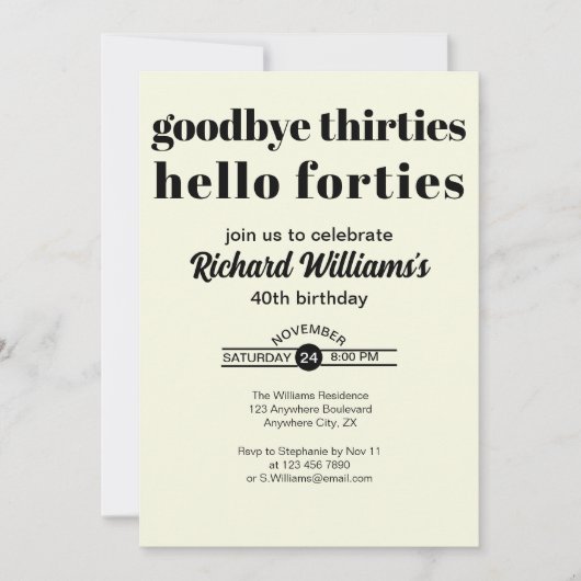 Goodbye Thirtis Hello Forties Modern 40th Birthday 招待状 (正面)