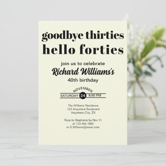 Goodbye Thirtis Hello Forties Modern 40th Birthday 招待状 (スタンド正面)
