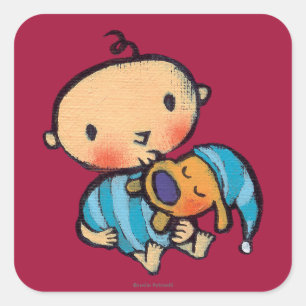 Goodnight青いパジャマのキスの愛らしい子犬 スクエアシール