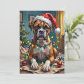 Goofy Boxer Dog Tangled in Christmas Lights シーズンカード (スタンド正面)