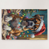 Goofy Boxer Dog Tangled in Christmas Lights ジグソーパズル (横)