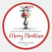 Goofy whimsical reindeer sticker red green charm ラウンドシール (正面)