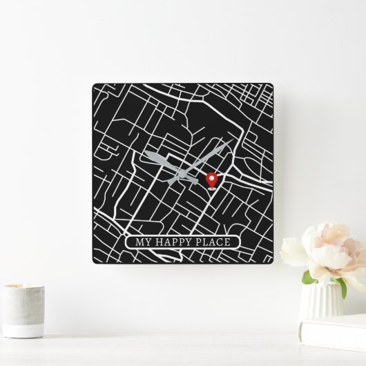 Googleホームロケーションマイハッピープレイスホワイト文字 スクエア壁時計 (ホーム)