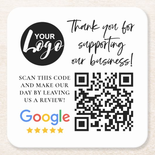 GoogleレビューありがとうロゴQRコード スクエアペーパーコースター (正面)