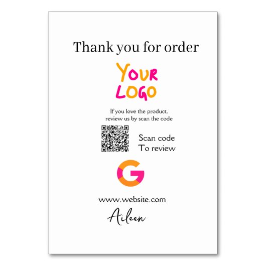 Google review business logo website scan QR code テーブルナンバー (正面)