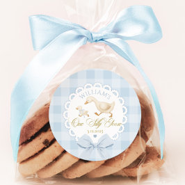 Goose 1st Birthday Blue gingham One Silly Goose ラウンドシール