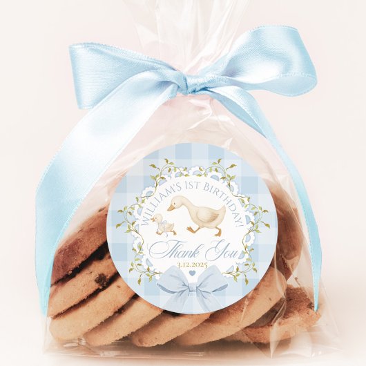 Goose Birthday Blue Gingham Thank you ラウンドシール