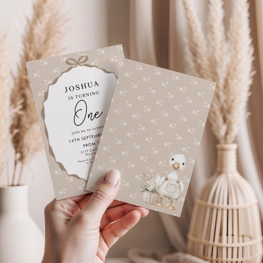 Goose First Birthday Invitation in Neutral Beige 招待状