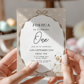 Goose First Birthday Invitation in Neutral Beige 招待状