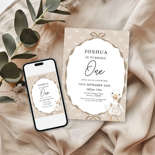 Goose First Birthday Invitation in Neutral Beige 招待状