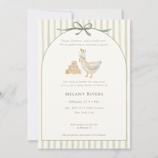 Goose Neutral Sage Green Bow Baby Shower 招待状 (正面)