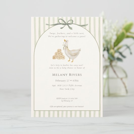 Goose Neutral Sage Green Bow Baby Shower 招待状 (スタンド正面)
