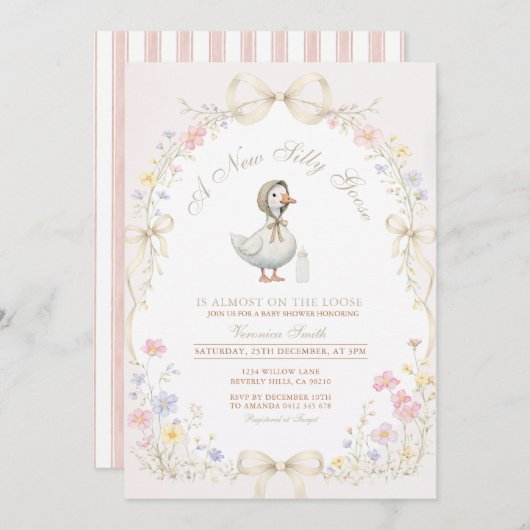 Goose Wildflower Pink Ivory Baby Shower 招待状 (正面/裏面)