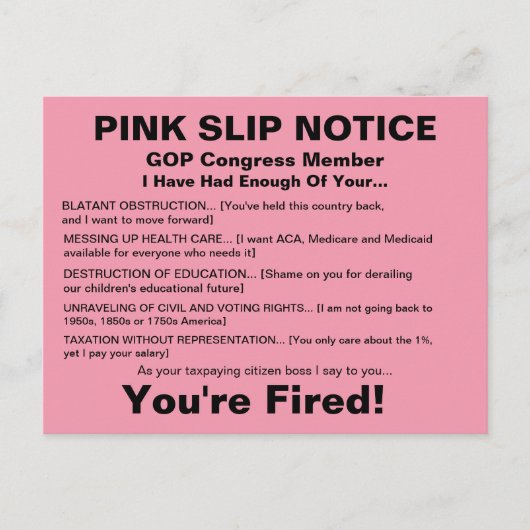 GOP議会の解雇通知の通知の郵便はがき ポストカード (正面)